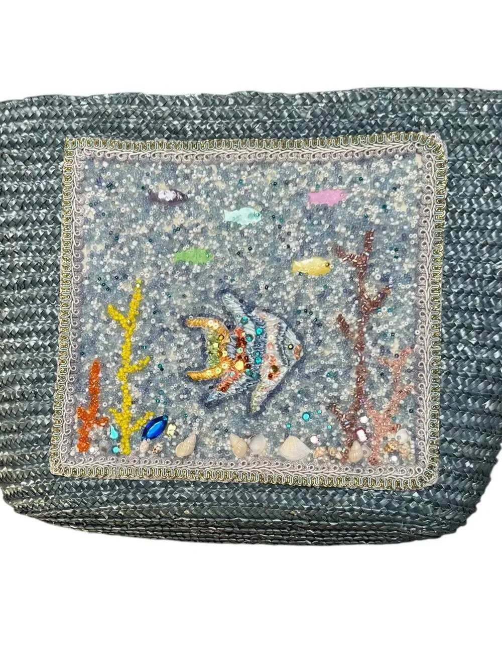 Vintage Sequin and Beaded Fish Design Straw Tote Bag with Leather Handles